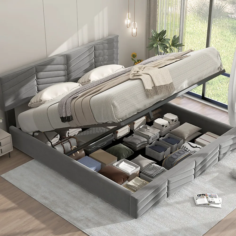 Lit 180x200 cm tapissé velours gris avec coffre hydraulique et tête réglable, style européen élégant>Redom