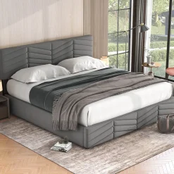 Lit 180x200 cm tapissé velours gris avec coffre hydraulique et tête réglable, style européen élégant><noscript><img width=