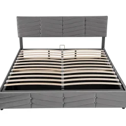 Lit 180x200 cm tapissé velours gris avec coffre hydraulique et tête réglable, style européen élégant><noscript><img width=