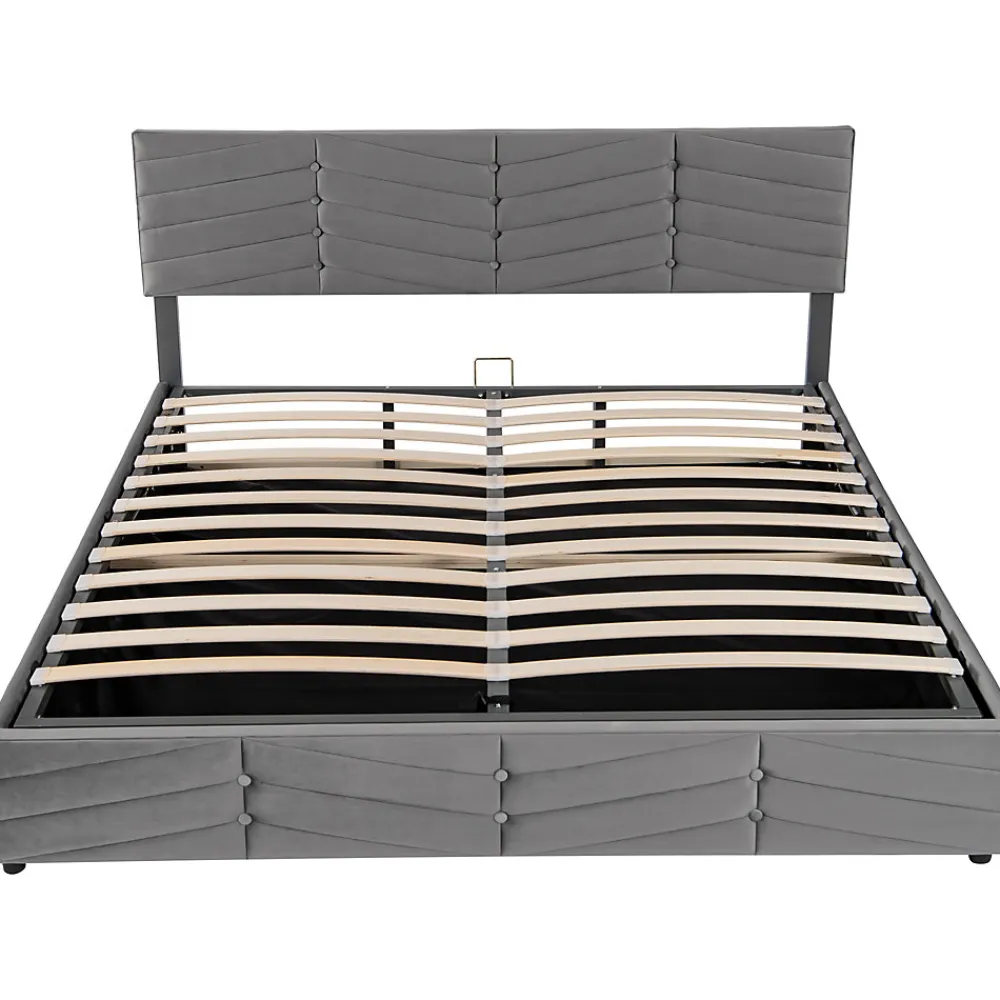 Lit 180x200 cm tapissé velours gris avec coffre hydraulique et tête réglable, style européen élégant>Redom