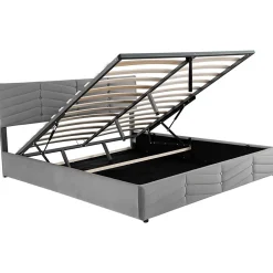 Lit 180x200 cm tapissé velours gris avec coffre hydraulique et tête réglable, style européen élégant><noscript><img width=