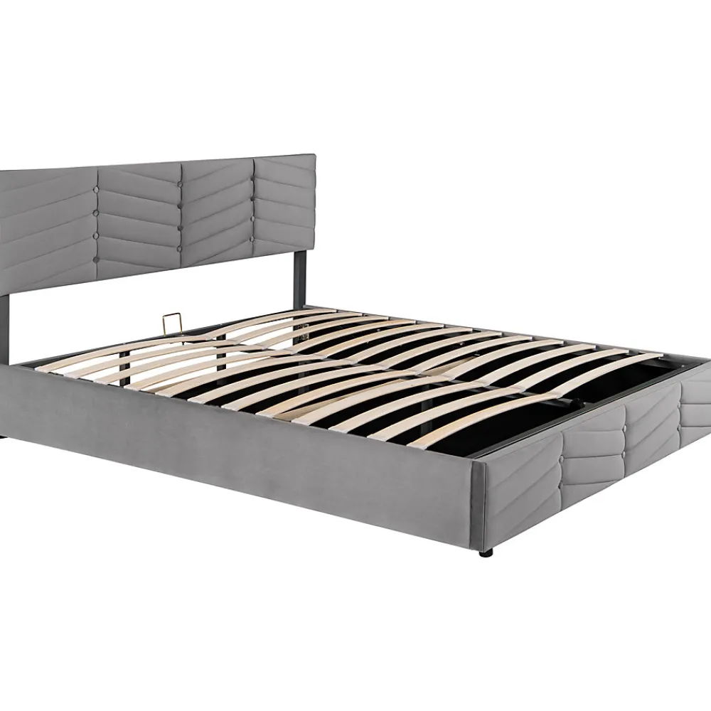 Lit 180x200 cm tapissé velours gris avec coffre hydraulique et tête réglable, style européen élégant>Redom