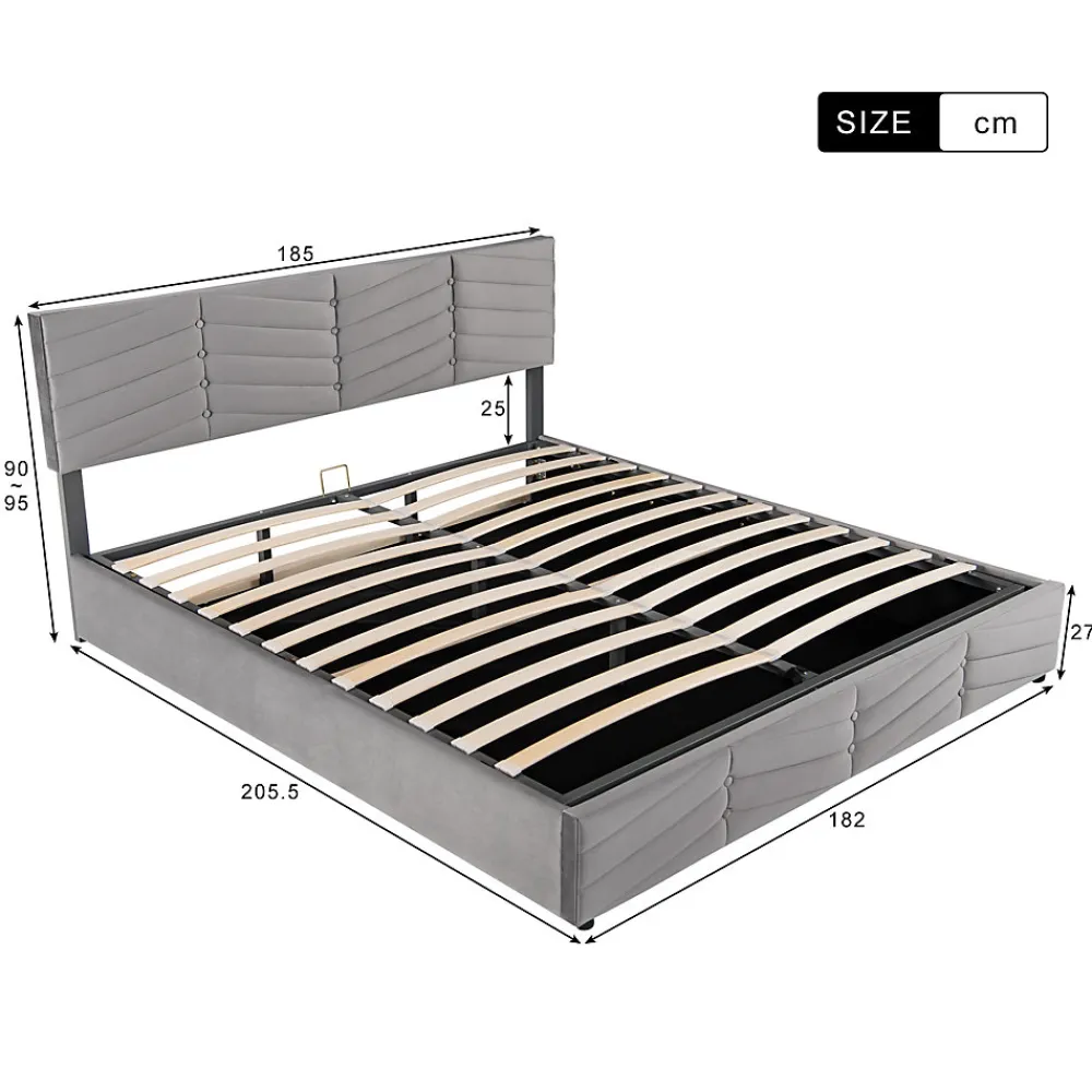 Lit 180x200 cm tapissé velours gris avec coffre hydraulique et tête réglable, style européen élégant>Redom