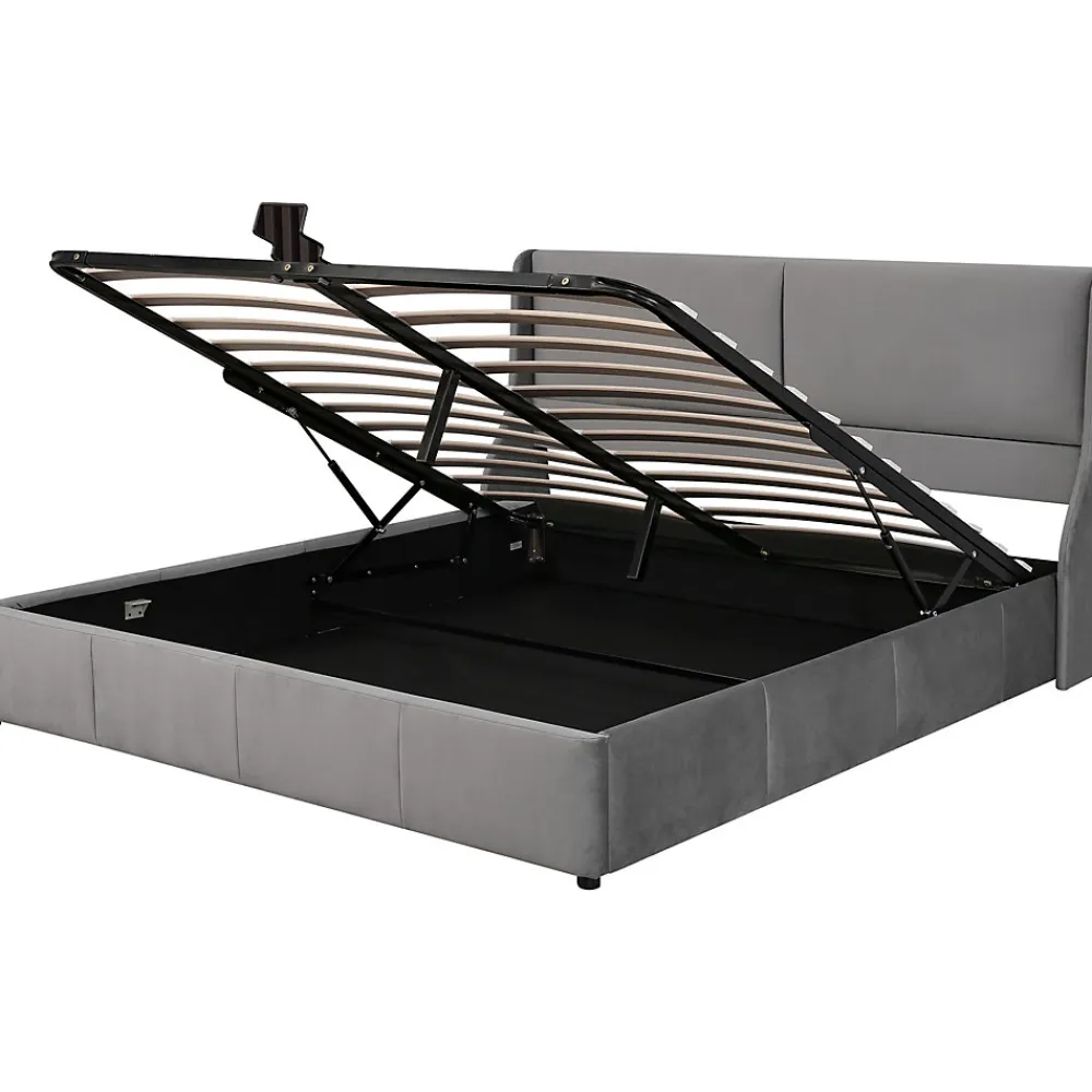Lit 180x200 cm tapissé velours gris avec tête de lit rembourrée et coffre de rangement, levage hydraulique>Redom Clearance