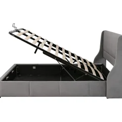 Lit 180x200 cm tapissé velours gris avec tête de lit rembourrée et coffre de rangement, levage hydraulique><noscript><img width=