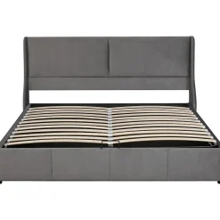 Lit 180x200 cm tapissé velours gris avec tête de lit rembourrée et coffre de rangement, levage hydraulique><noscript><img width=