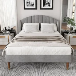 Redom Lit 160x200 cm tapissé velours gris avec tête de lit rembourrée et sommier à lattes robuste, design moderne* Lit Double