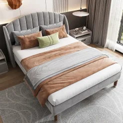 Redom Lit 160x200 cm tapissé velours gris avec tête de lit rembourrée et sommier à lattes robuste, design moderne* Lit Double