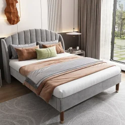 Redom Lit 160x200 cm tapissé velours gris avec tête de lit rembourrée et sommier à lattes robuste, design moderne* Lit Double