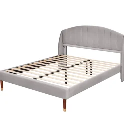 Redom Lit 160x200 cm tapissé velours gris avec tête de lit rembourrée et sommier à lattes robuste, design moderne* Lit Double