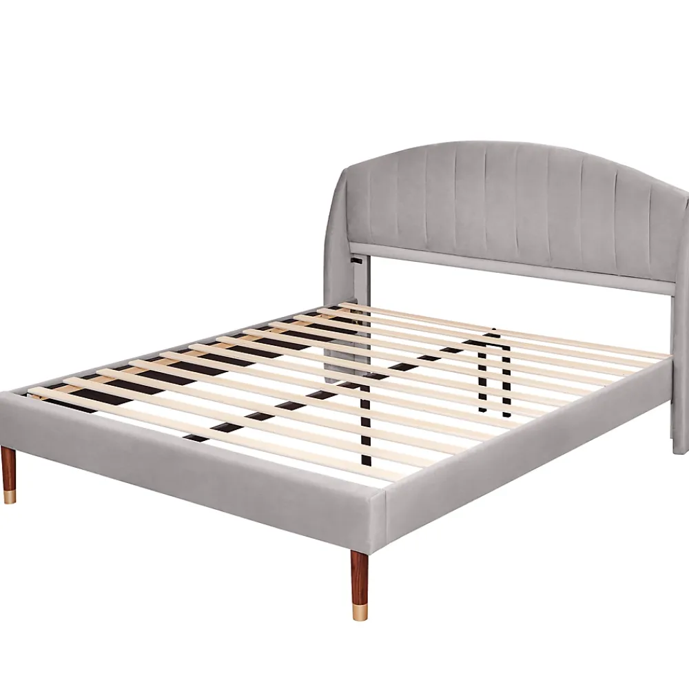 Redom Lit 160x200 cm tapissé velours gris avec tête de lit rembourrée et sommier à lattes robuste, design moderne* Lit Double