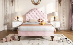 Redom Lit 90x200 cm tapissé velours rose avec tête réglable, lattes en bois et pieds 20 cm, design élégant* Lit Simple