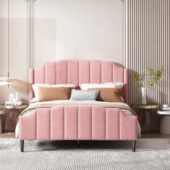 Lit 140x200 cm tapissé velours rose avec tête et pied rembourrés, cadre MDF robuste contemporain><noscript><img width=