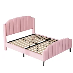 Lit 140x200 cm tapissé velours rose avec tête et pied rembourrés, cadre MDF robuste contemporain><noscript><img width=