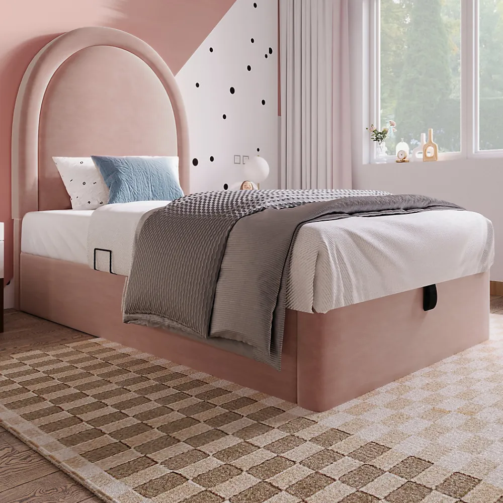 Lit 90x190 cm tapissé velours rose avec tête demi-cercle et coffre, cadre métal et bois massif, style moderne>Redom Outlet