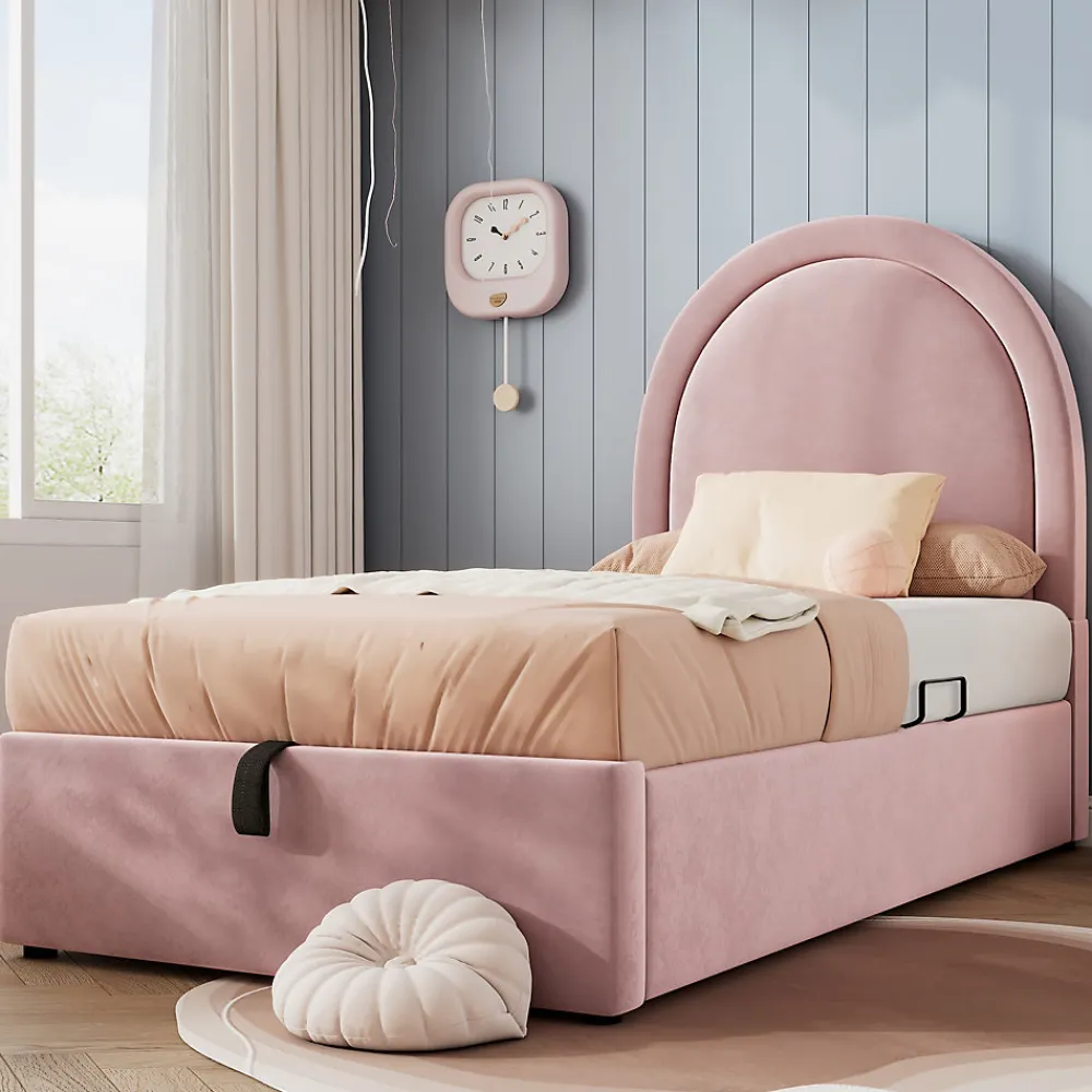 Lit 90x190 cm tapissé velours rose avec tête demi-cercle et coffre, cadre métal et bois massif, style moderne>Redom Outlet