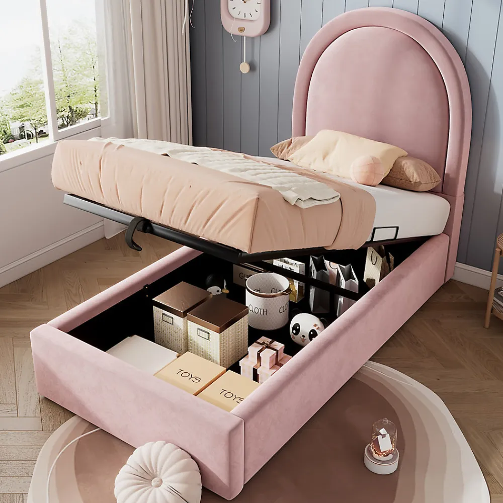 Lit 90x190 cm tapissé velours rose avec tête demi-cercle et coffre, cadre métal et bois massif, style moderne>Redom Outlet