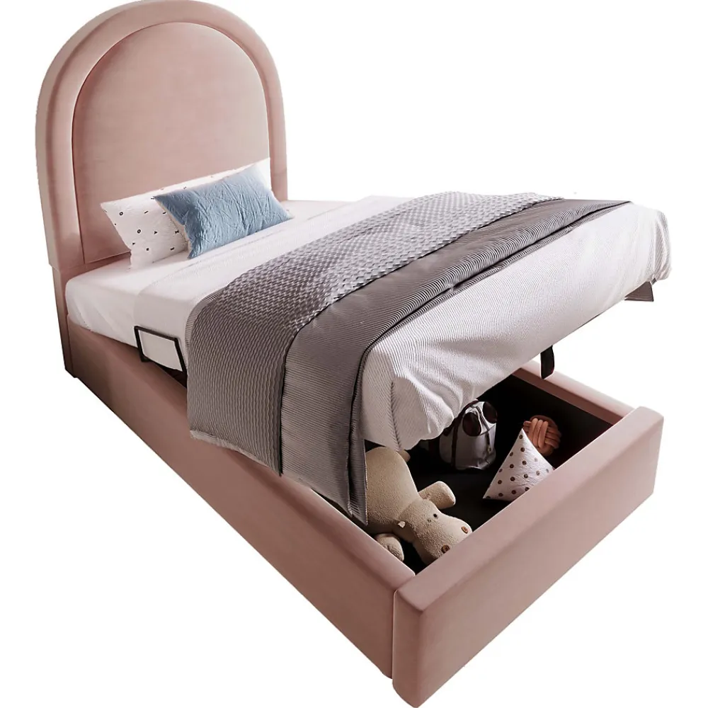 Lit 90x190 cm tapissé velours rose avec tête demi-cercle et coffre, cadre métal et bois massif, style moderne>Redom Outlet