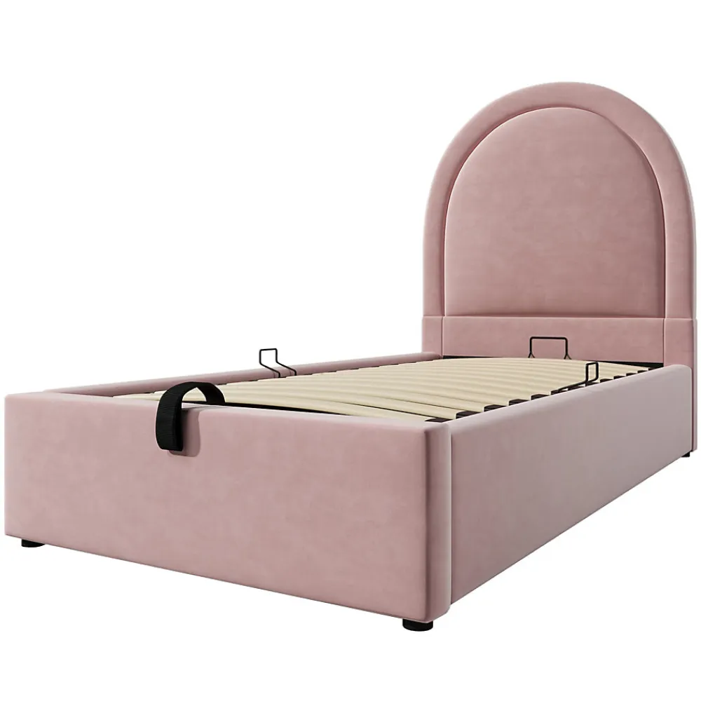 Lit 90x190 cm tapissé velours rose avec tête demi-cercle et coffre, cadre métal et bois massif, style moderne>Redom Outlet