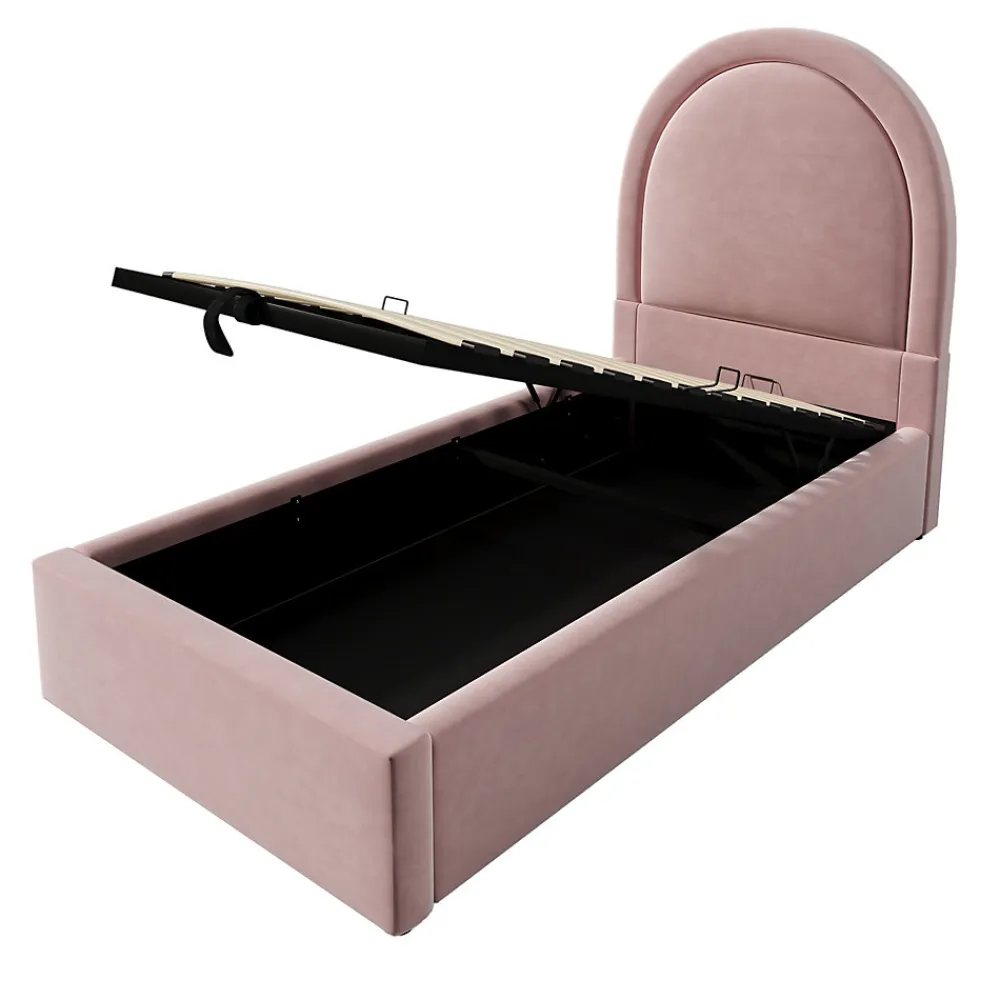 Lit 90x190 cm tapissé velours rose avec tête demi-cercle et coffre, cadre métal et bois massif, style moderne>Redom Outlet