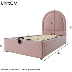 Lit 90x190 cm tapissé velours rose avec tête demi-cercle et coffre, cadre métal et bois massif, style moderne><noscript><img width=
