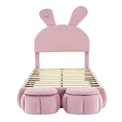 Lit 90x200 cm tapissé velours rose avec oreilles de lapin et éclairage LED réglable, 2 poufs><noscript><img width=