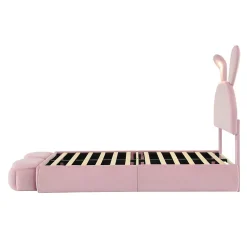 Lit 90x200 cm tapissé velours rose avec oreilles de lapin et éclairage LED réglable, 2 poufs><noscript><img width=