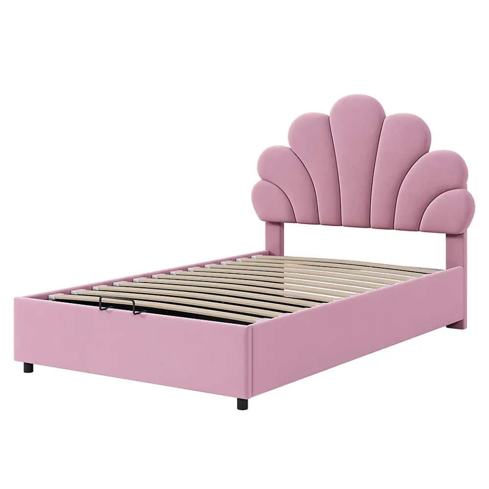Redom Lit 90x200 cm tapissé velours rose avec tête de lit fleurie et coffre de rangement hydraulique* Lit Avec Rangement