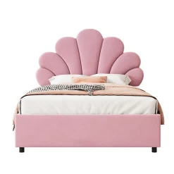Redom Lit 90x200 cm tapissé velours rose avec tête de lit fleurie et coffre de rangement hydraulique* Lit Avec Rangement