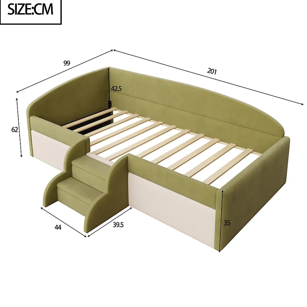 Redom Lit 90x190 cm tapissé velours vert et crème, colorblock, barrières de sécurité et marches antidérapantes*Enfant Lit Enfant