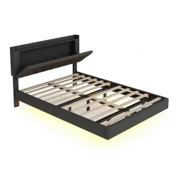 Redom Lit 140x200 cm tapisse tissu lin gris, bande LED multicolore, port USB, coffre de rangement et tete de lit reglable* Lit Double