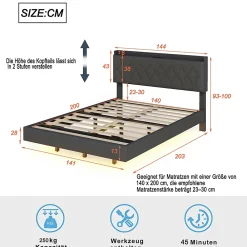 Redom Lit 140x200 cm tapisse tissu lin gris, bande LED multicolore, port USB, coffre de rangement et tete de lit reglable* Lit Double