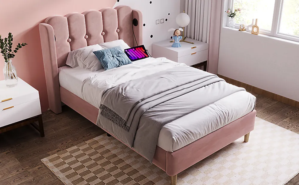 Lit 90x200 cm tapisse velours rose avec tete de lit rembourree et prise USB Type C integree>Redom Clearance