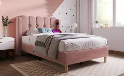 Lit 90x200 cm tapisse velours rose avec tete de lit rembourree et prise USB Type C integree>Redom Clearance