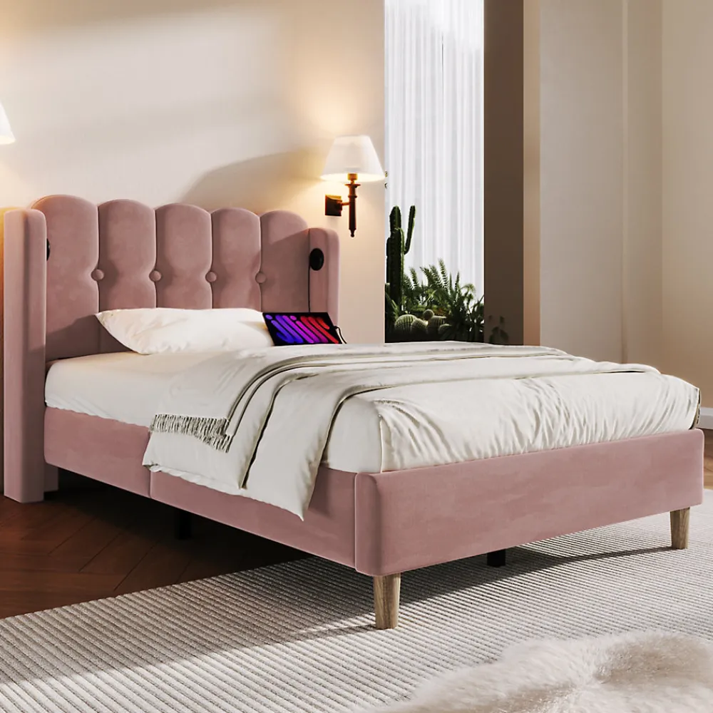 Lit 90x200 cm tapisse velours rose avec tete de lit rembourree et prise USB Type C integree>Redom Clearance