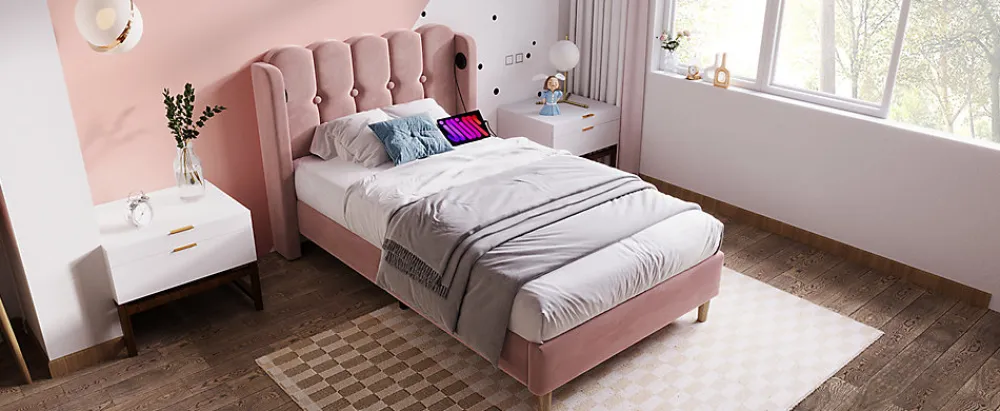 Lit 90x200 cm tapisse velours rose avec tete de lit rembourree et prise USB Type C integree>Redom Clearance