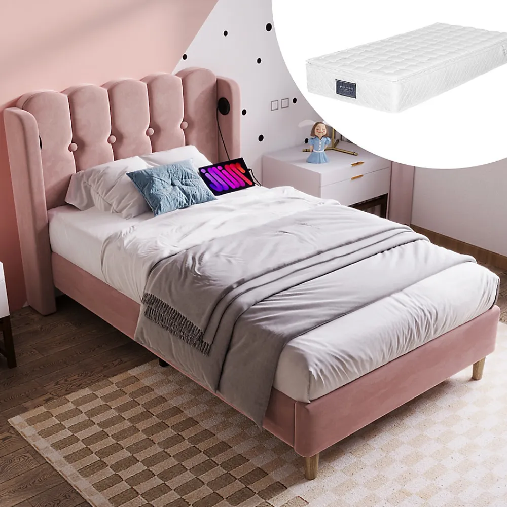 Lit 90x200 cm tapisse velours rose avec tete de lit rembourree et prise USB Type C integree>Redom Clearance