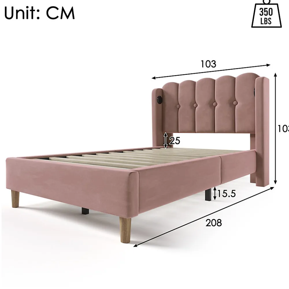 Lit 90x200 cm tapisse velours rose avec tete de lit rembourree et prise USB Type C integree>Redom Clearance
