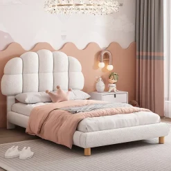 Redom Lit 90x200 cm tapisse velours blanc, tete demi cercle reglable et cadre MDF robuste et securisant* Lit Simple