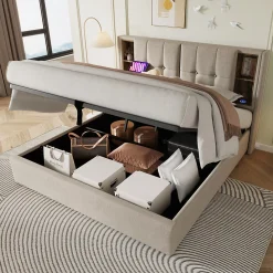 Redom Lit 160x200 cm tete de lit avec rangement et ports USB Type C, tapisse lin, coffre a verins* Lit Avec Rangement