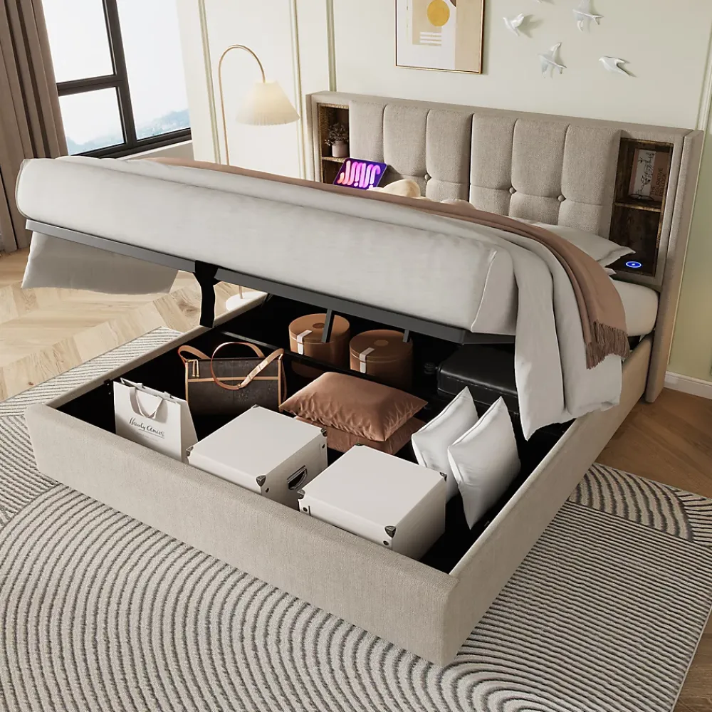 Redom Lit 160x200 cm tete de lit avec rangement et ports USB Type C, tapisse lin, coffre a verins* Lit Avec Rangement