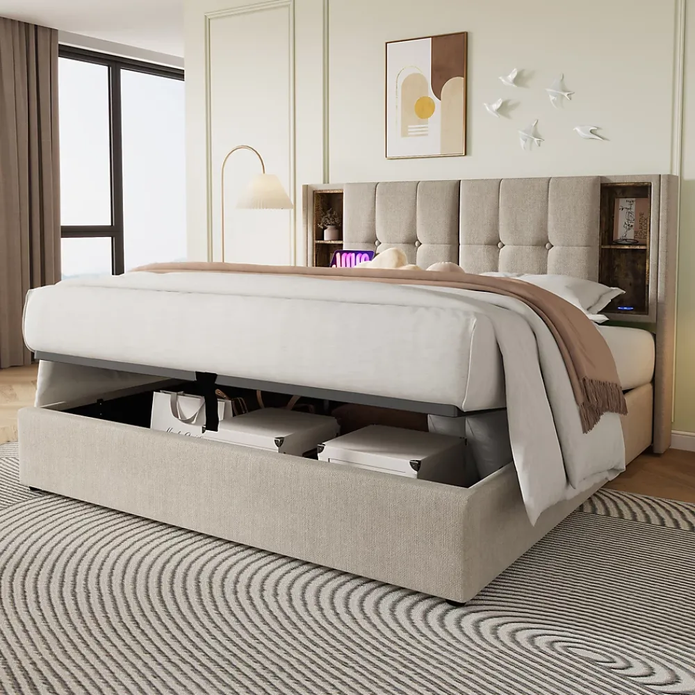 Redom Lit 160x200 cm tete de lit avec rangement et ports USB Type C, tapisse lin, coffre a verins* Lit Avec Rangement