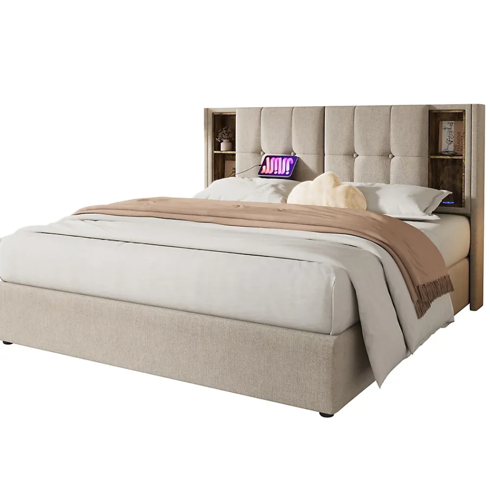Redom Lit 160x200 cm tete de lit avec rangement et ports USB Type C, tapisse lin, coffre a verins* Lit Avec Rangement