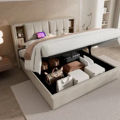 Redom Lit 160x200 cm tete de lit avec rangement et ports USB Type C, tapisse lin, coffre a verins* Lit Avec Rangement