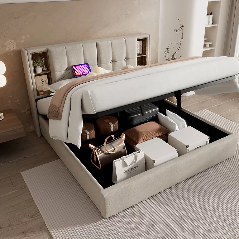 Redom Lit 160x200 cm tete de lit avec rangement et ports USB Type C, tapisse lin, coffre a verins* Lit Avec Rangement