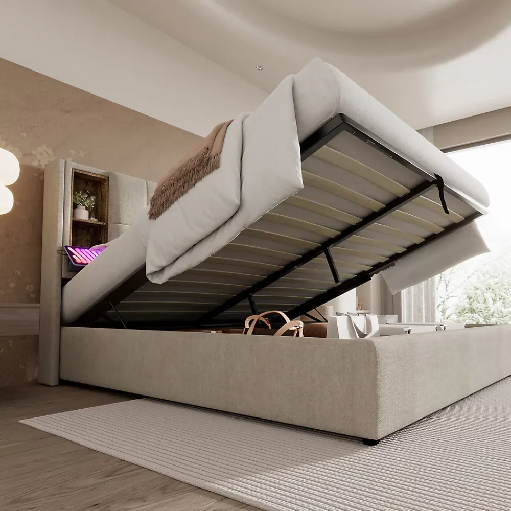 Redom Lit 160x200 cm tete de lit avec rangement et ports USB Type C, tapisse lin, coffre a verins* Lit Avec Rangement
