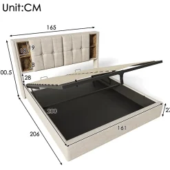 Redom Lit 160x200 cm tete de lit avec rangement et ports USB Type C, tapisse lin, coffre a verins* Lit Avec Rangement