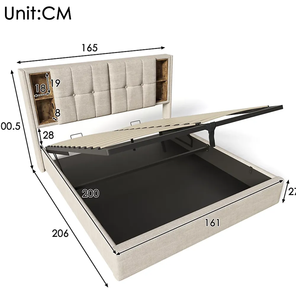 Redom Lit 160x200 cm tete de lit avec rangement et ports USB Type C, tapisse lin, coffre a verins* Lit Avec Rangement