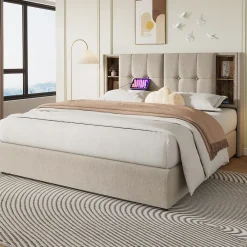 Redom Lit 160x200 cm tete de lit avec rangement et ports USB Type C, tapisse lin, coffre a verins* Lit Avec Rangement