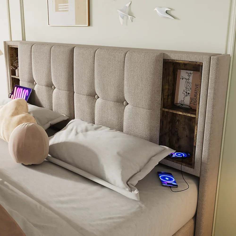 Redom Lit 160x200 cm tete de lit avec rangement et ports USB Type C, tapisse lin, coffre a verins* Lit Avec Rangement